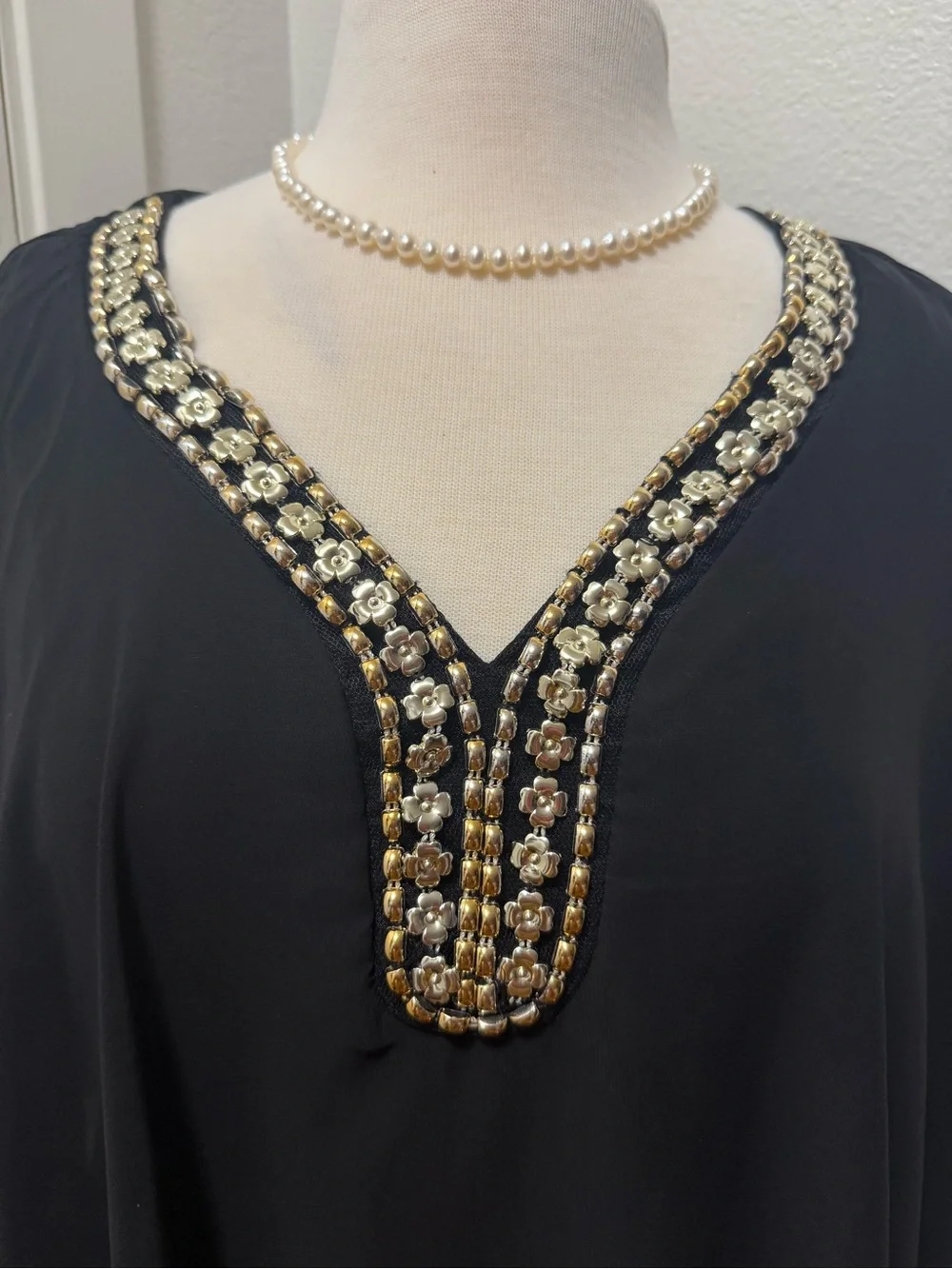 Black Beaded V-Neck Chiffon Women's Top